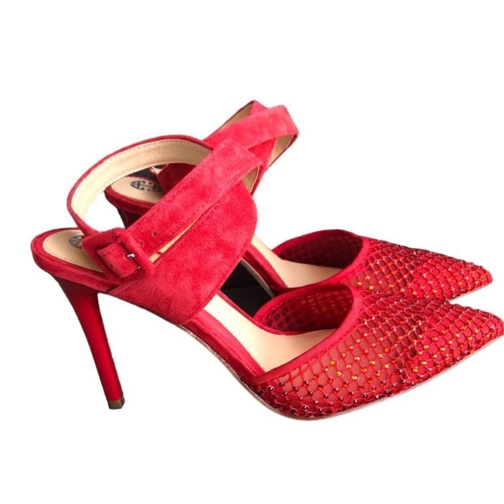 NWT Antonio Melani Red Mesh Sparkle Pointy Front Suede Ankle Strap High Heels